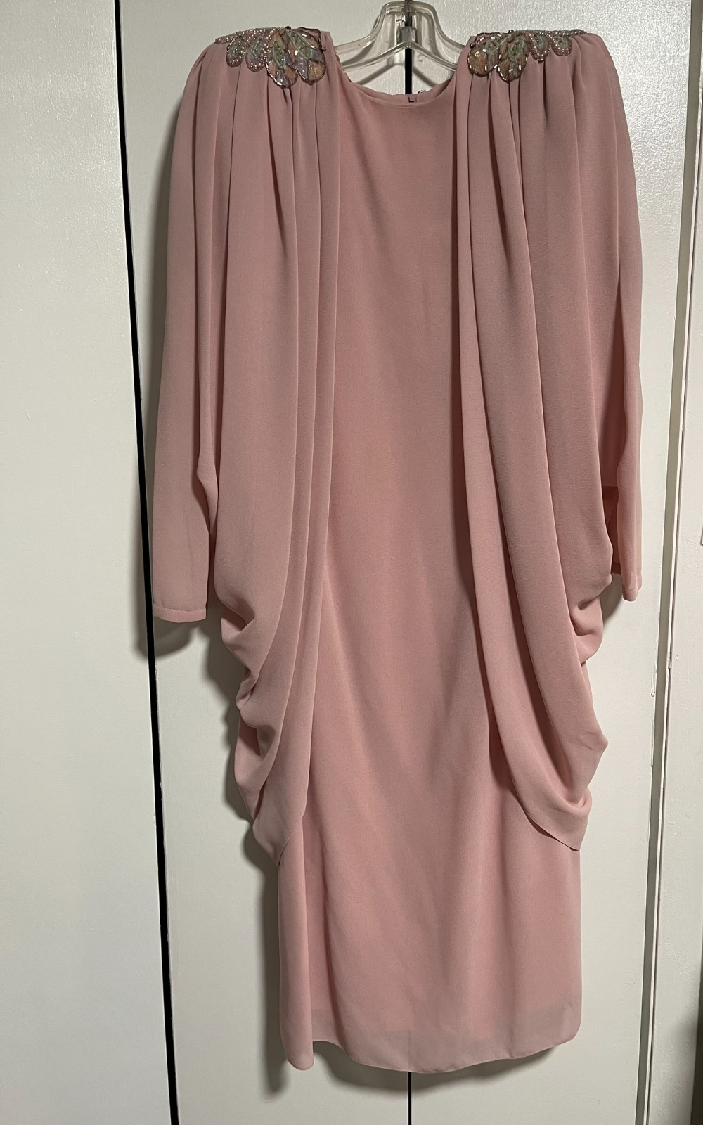 Vintage 80s Jo Ed Sophisticates Long Sleeve Chiffon Pink Dress Beaded Shoulder