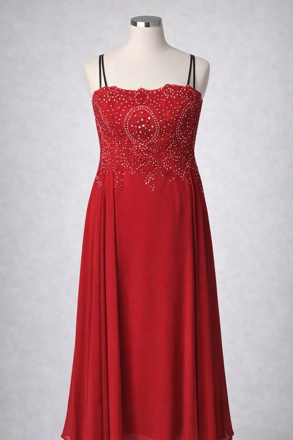 Juliet Red Chiffon Sheath Maxi Dress Beaded Sweetheart Strappy Sleeve Junior M