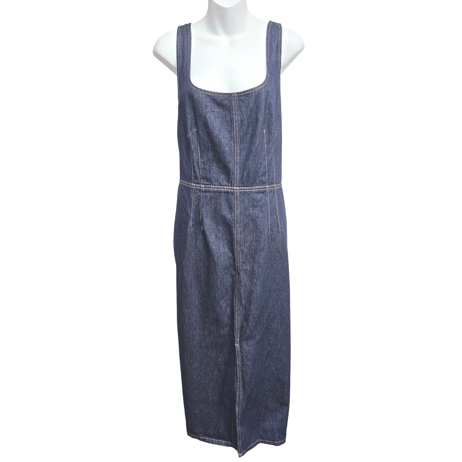 Future Collective Dark Wash Denim Midi Dress Square Neck Smocked Back XL Indigo
