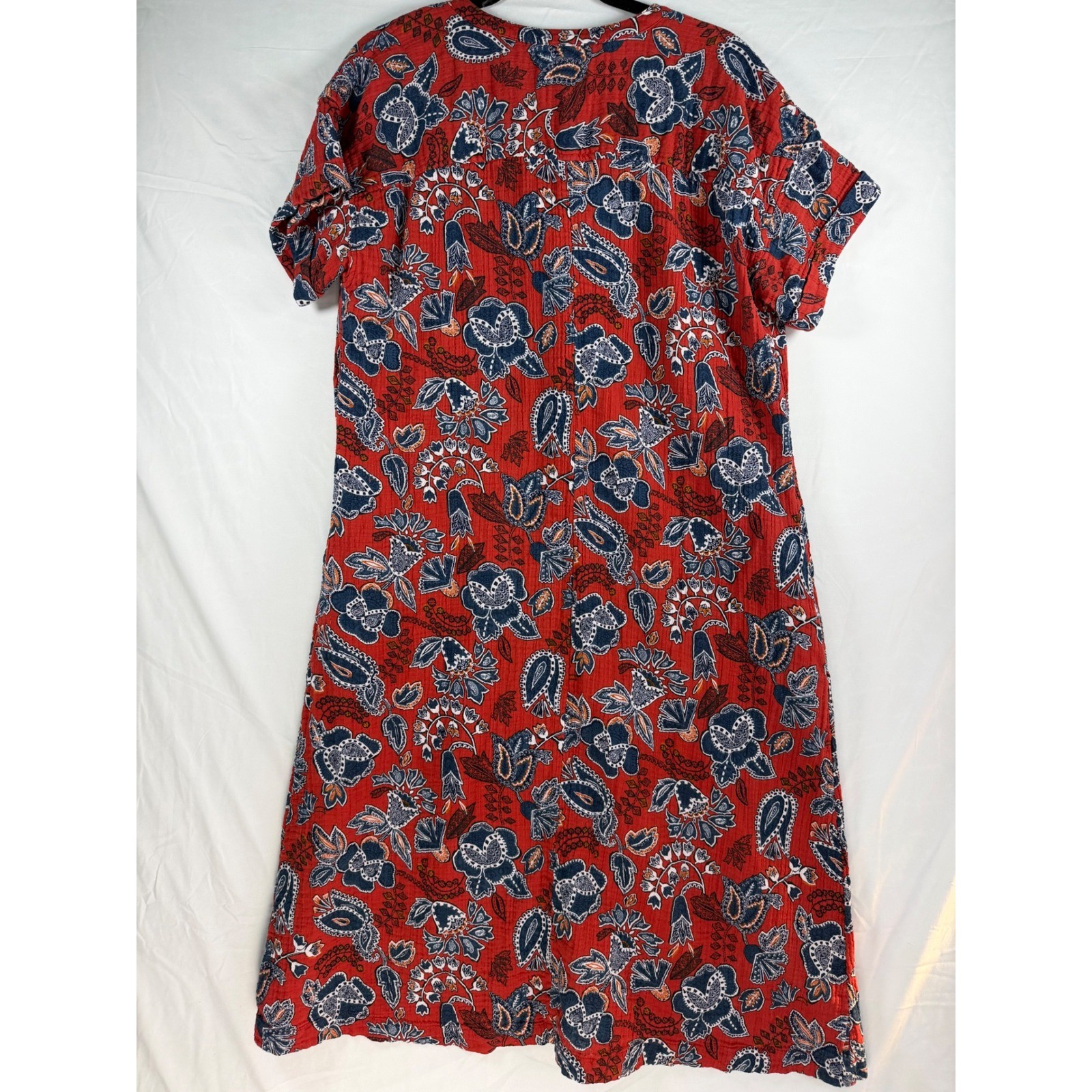 Wonderly Womens Rust Floral Paisley Gauze Button Front Midi Dress Pockets Large