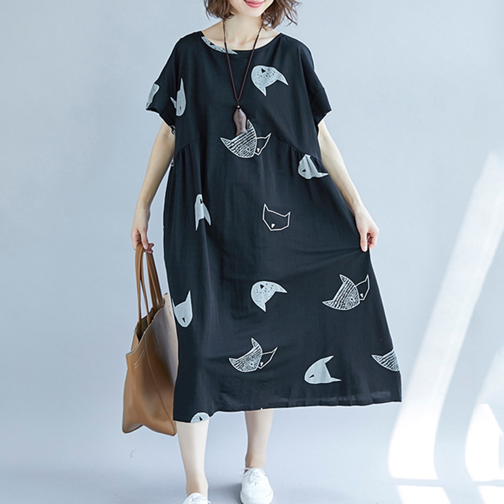 Plus Size Women Dress With Cute Character Cat Print For Fun