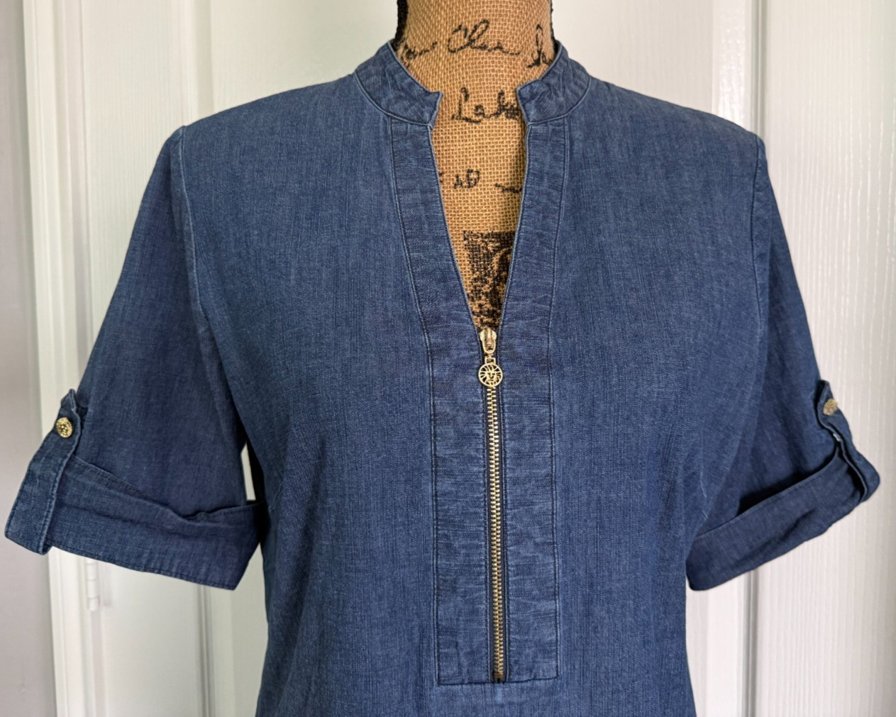 Anne Klein Dress Short Cuffed Sleeve Denim Chambray 1/4 Zip V-Neck Cotton 10