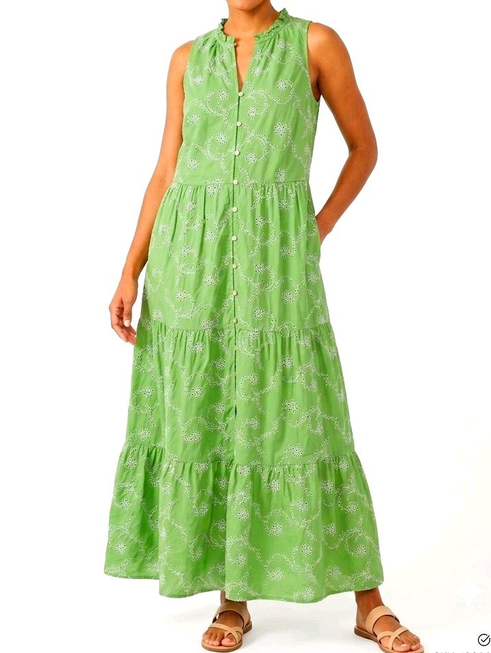 J. Jill Green/White Embroidered Eyelet V-Neck Maxi Dress Pockets L Tall