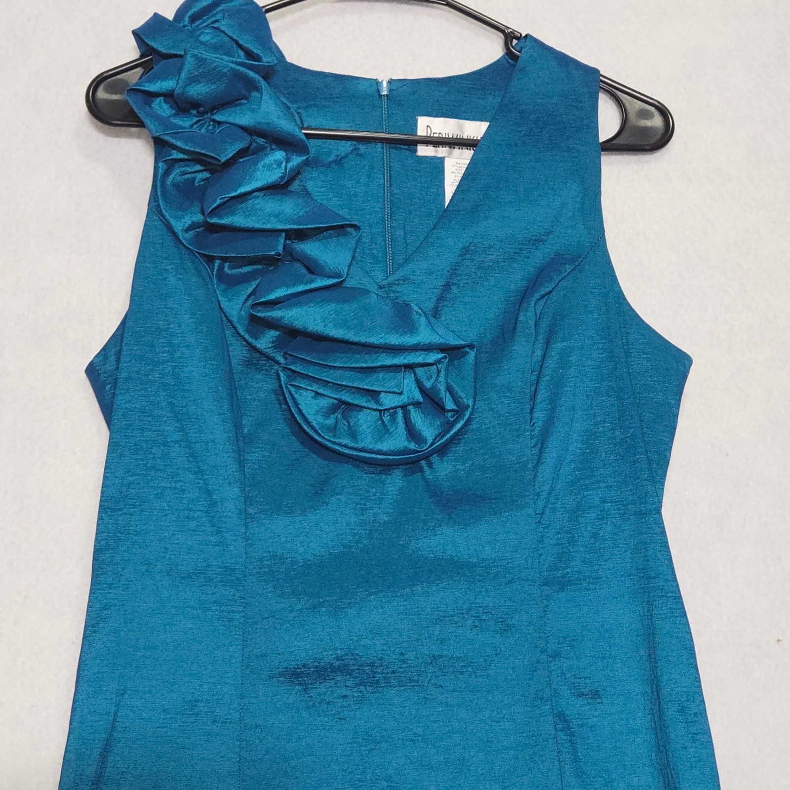 Periwinkle Teal Blue Shimmer Ruffle Neck Sheath Dress Size 12 17.5″ Made in USA