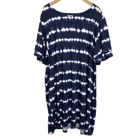 Kim Rogers 4X Navy Tie Dye Flutter Sleeve Swing Dress