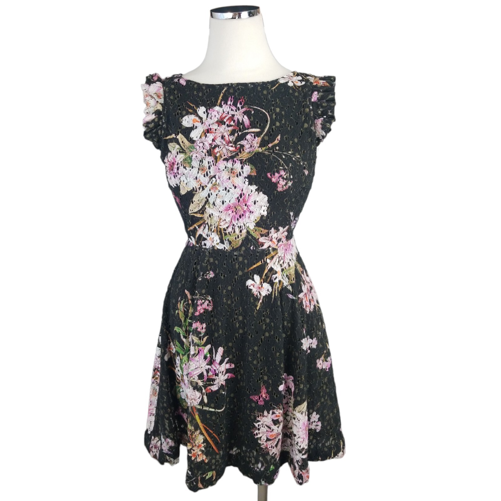 Anthropologie Eri +Ali Black Floral Lace Dress 4 Nevaeh Ruffle Cap Sleeve