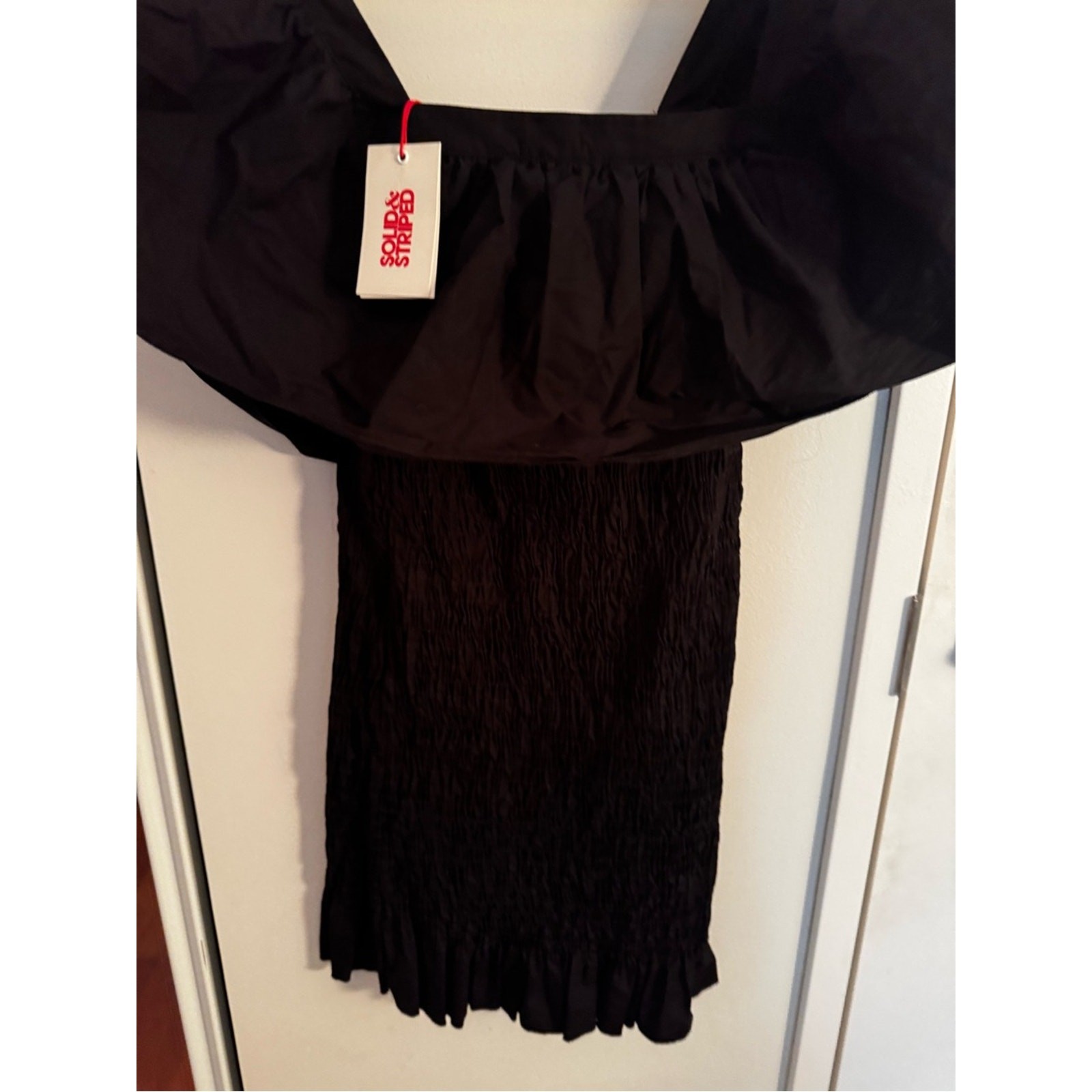 SOLID & STRIPED Smocked Ruffle Dress in Black Poplin NWT
