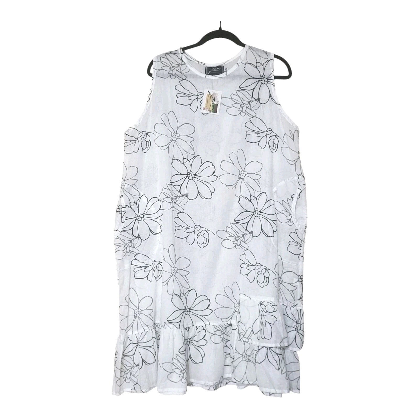 Zumi Womens Sleeveless Tiered Dress L/XL White & Black Floral Sheer Cover-Up