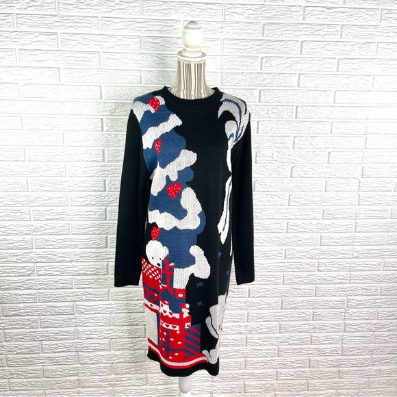 Zeagoo Christmas Wool Sweater Dress Featuring a Tree Gifts & a Teddy Bear Sz XL