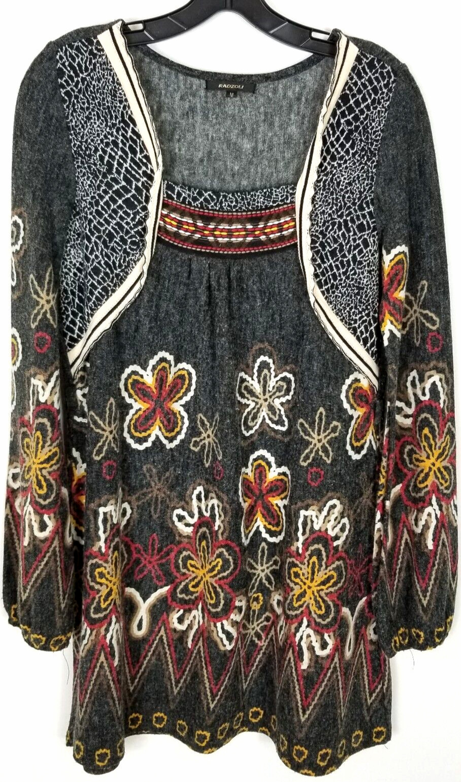 Radzoli Women Floral Long Sleeve Grey Mini Dress Sz M Boho Artsy Multicolor