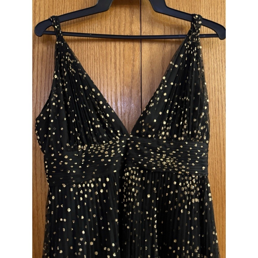 Jill Jill Stuart Black Gold Polka Dot Pleated Tulle V-Neck Gown Dress Size 6