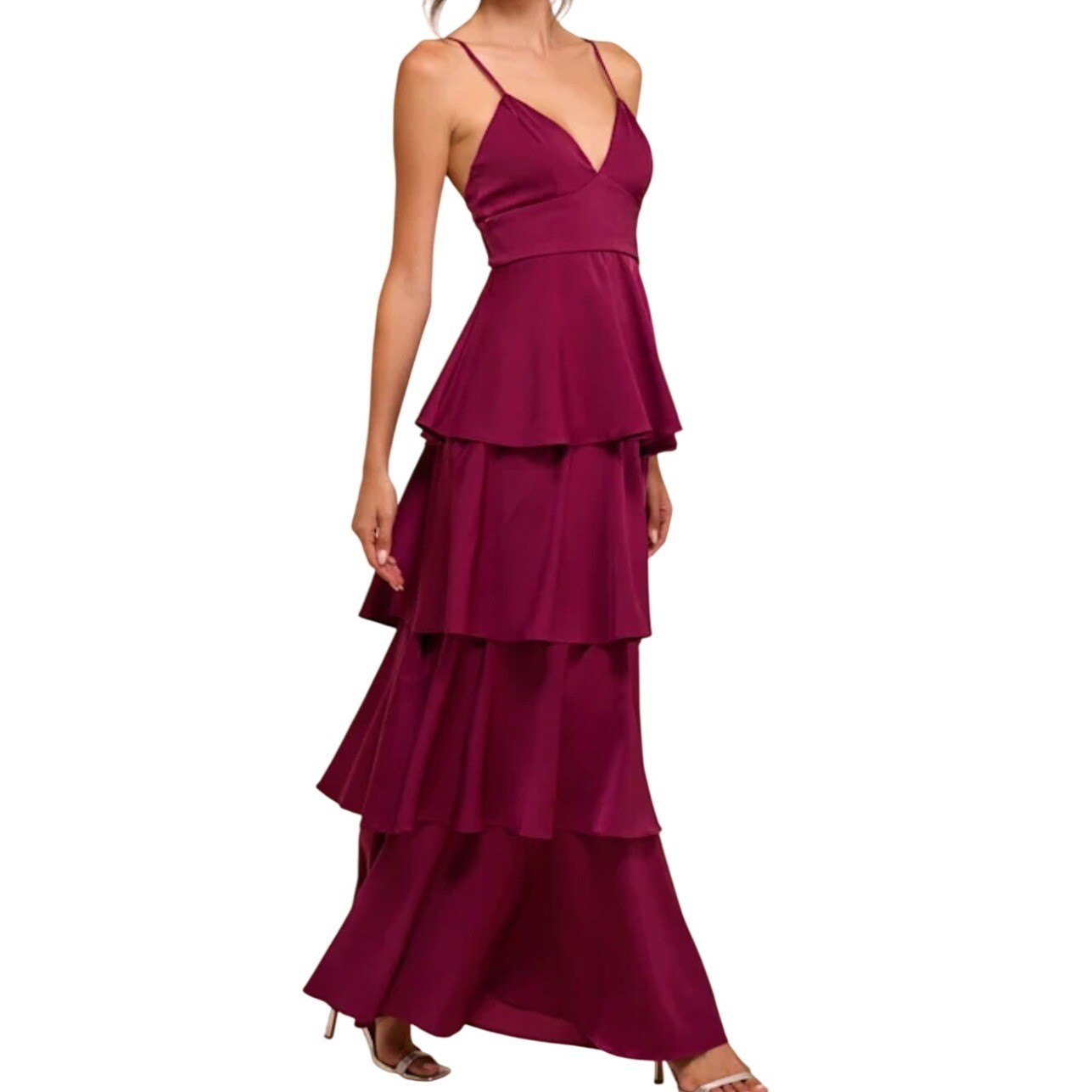 NWT Lulus Going with Elegance Plum Purple Satin Tiered Gown Maxi Dress S Ruffled