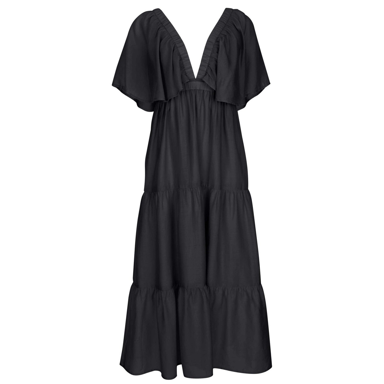 VENUS Black Tiered Midi Dress Flutter Sleeve Open Back Cotton Blend Medium