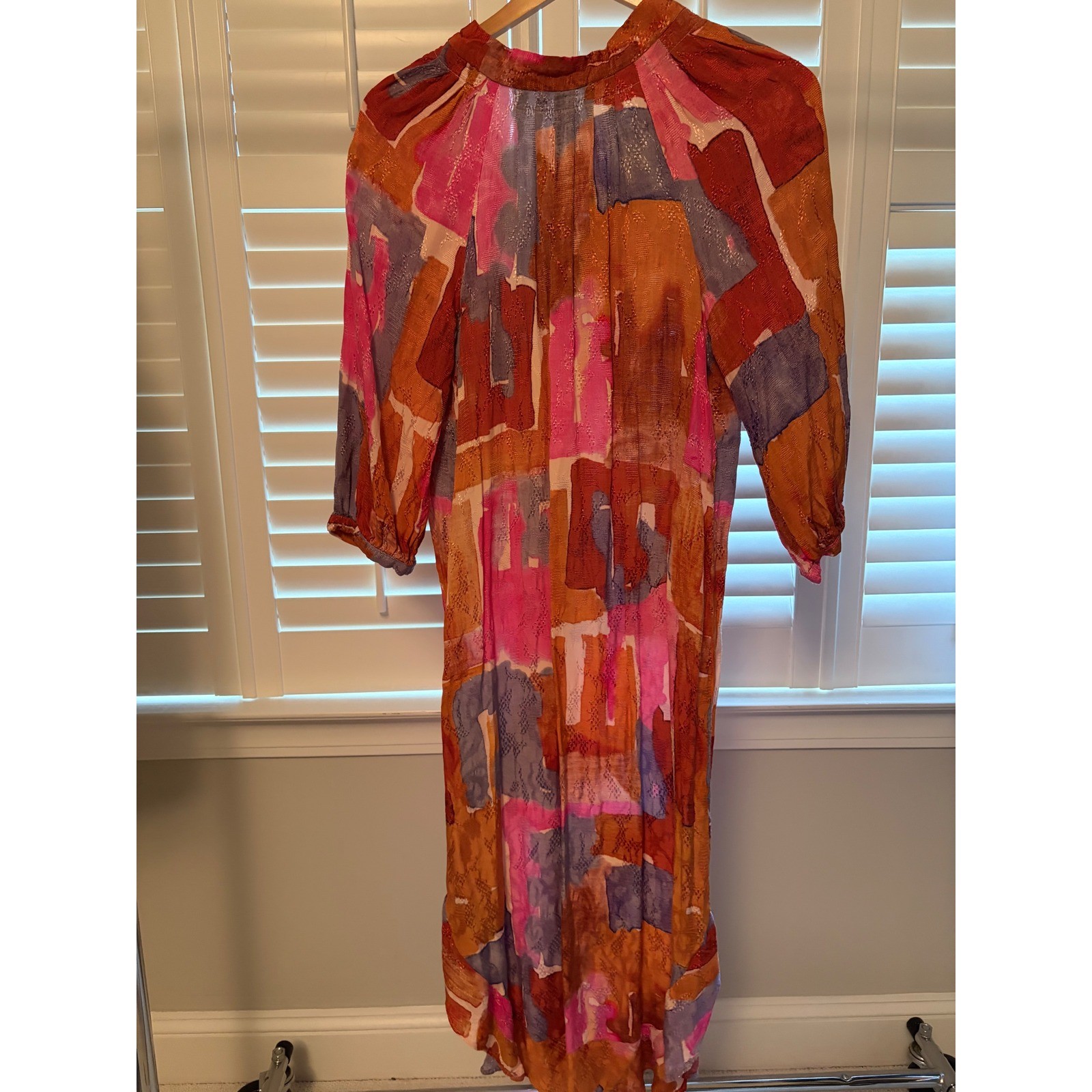 Maeve by Anthropologie Midi Dress Orange Pink Purple Boho High Neck 3/4 Sleeve