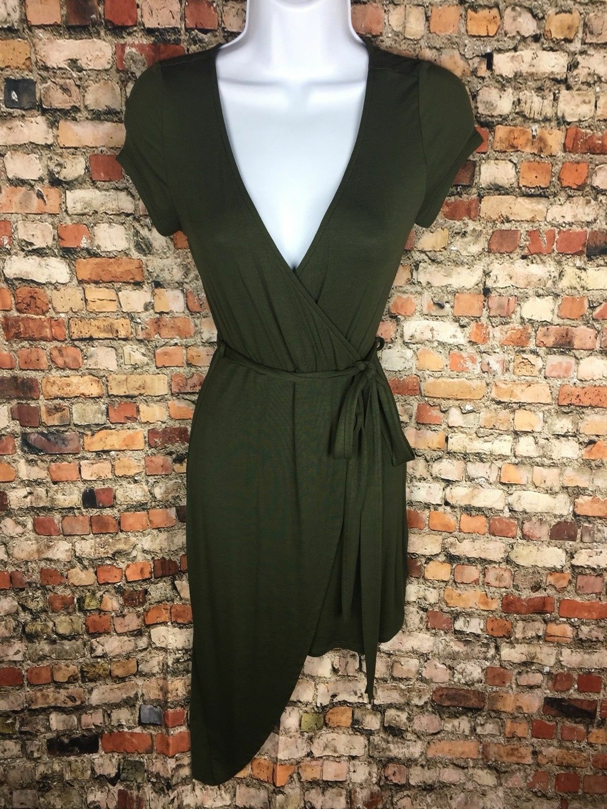 Poetry Asymmetrical Mini Wrap Dress Olive Green Stretch Soft V Neck Vintage New