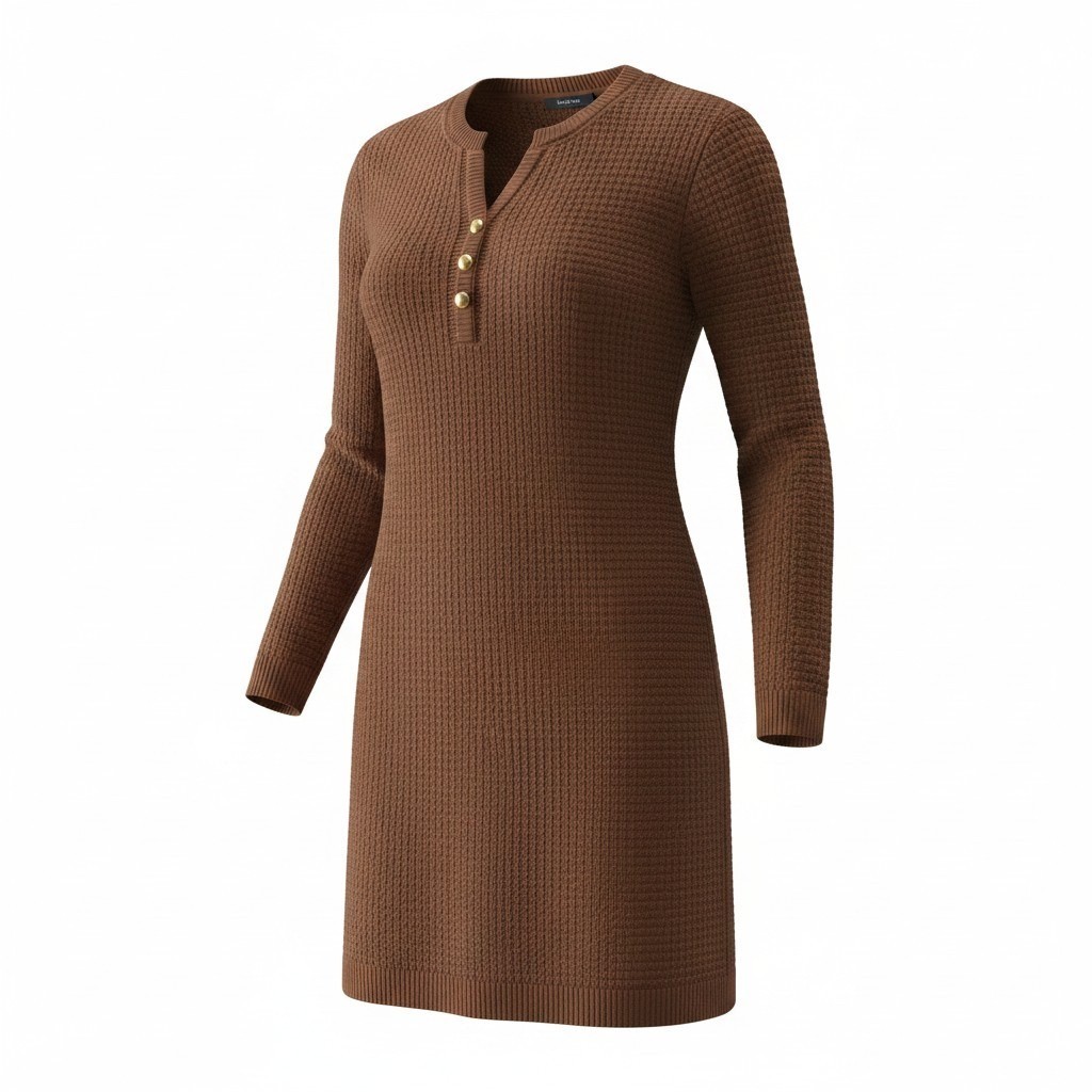Talbots Sweater Dress Womens PS Brown Henley Gold Button Knit Long Sleeve Petite