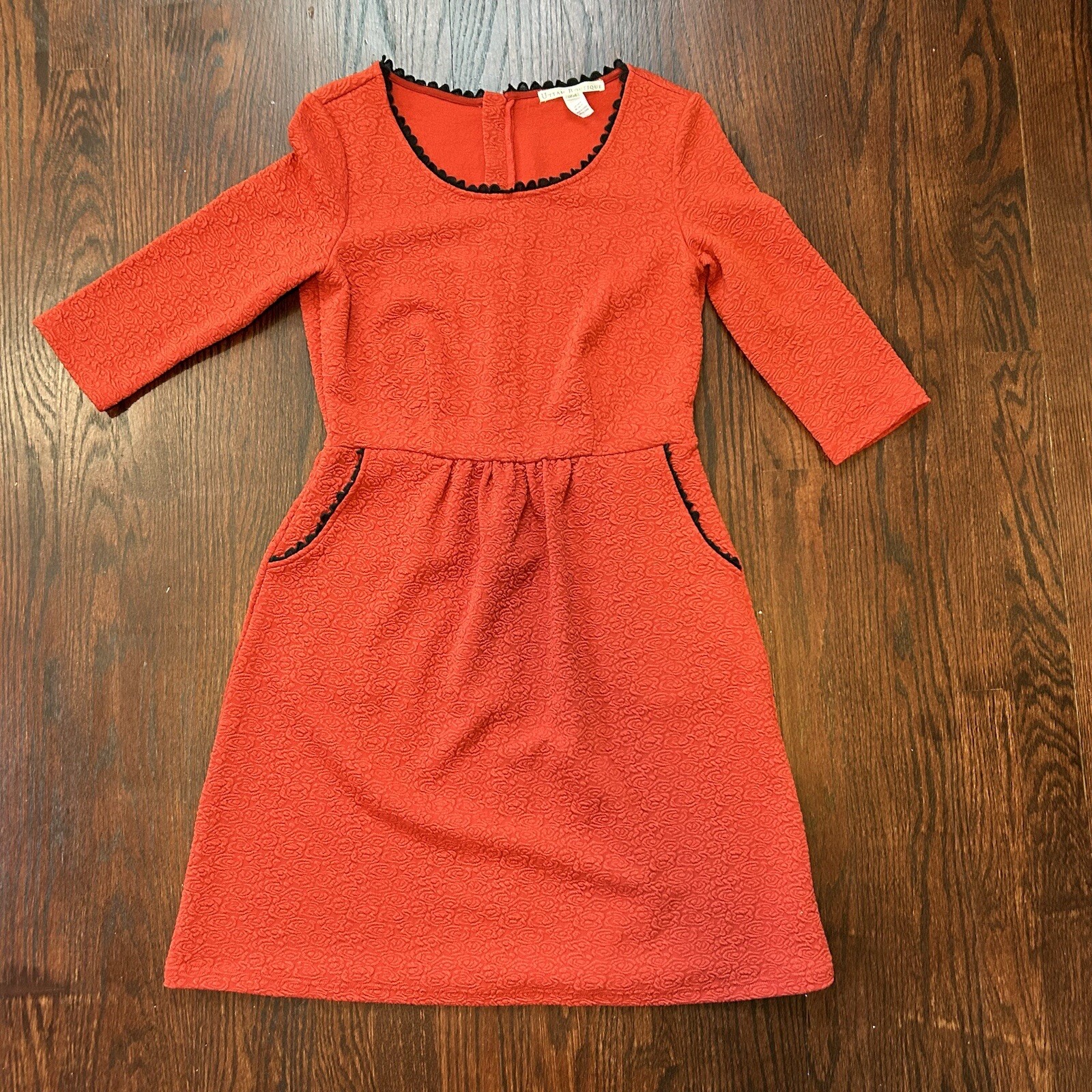 Uttam Boutique London Orange Black Trim Dress Embossed Floral Pockets Fit Flare
