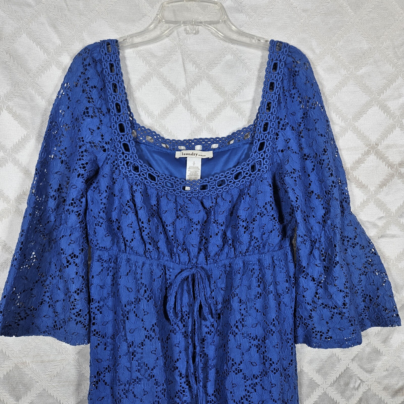 Laundry By Design Womens S Boho Dress Crochet Floral Lace Elastic Waist Blue