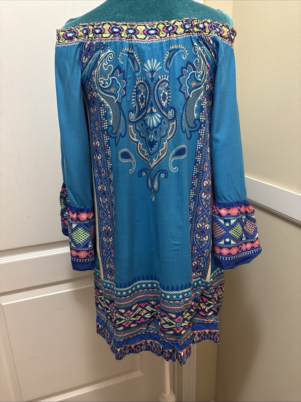 Flying Tomato Boho Off Shoulder Rayon Aqua Mini Dress Hippie Festival Medium