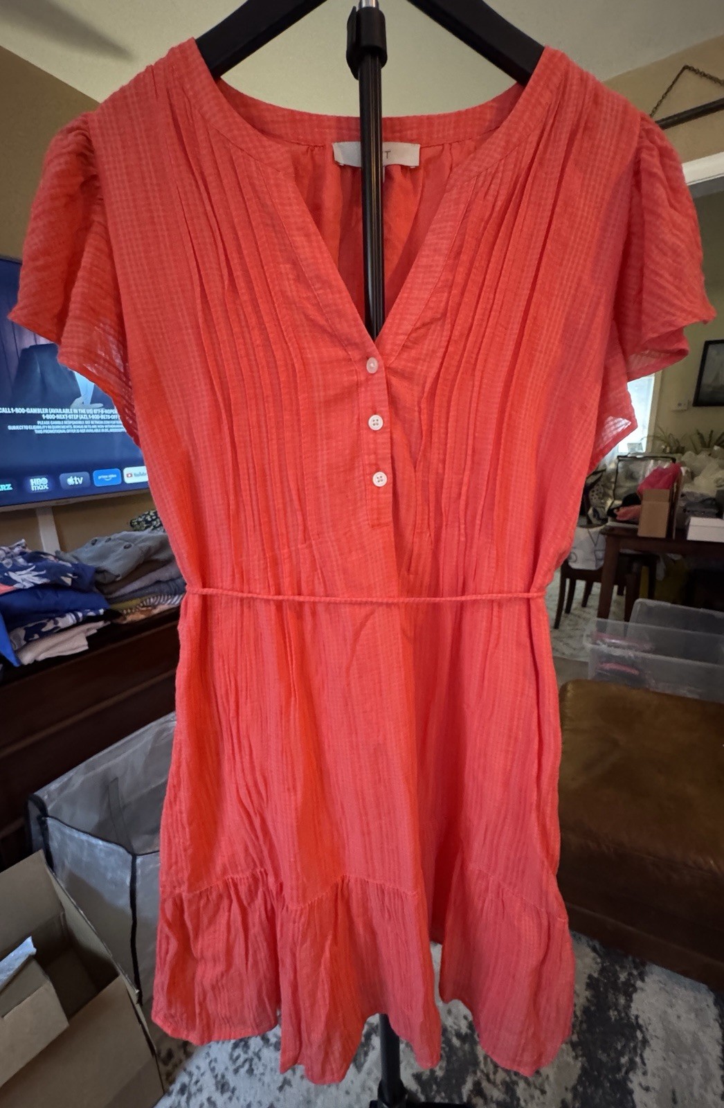 Loft Lightweight Lined Orange Ruffle Sleeve V Neck Dress Medium