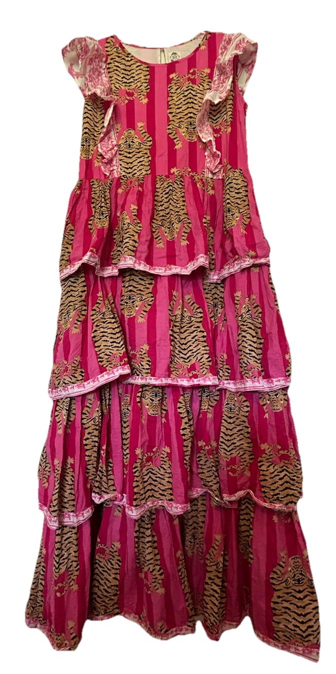 Pink And Orange Tiger Print Cotton Ruffle Tiered Maxi Dress Lined Sz Medium