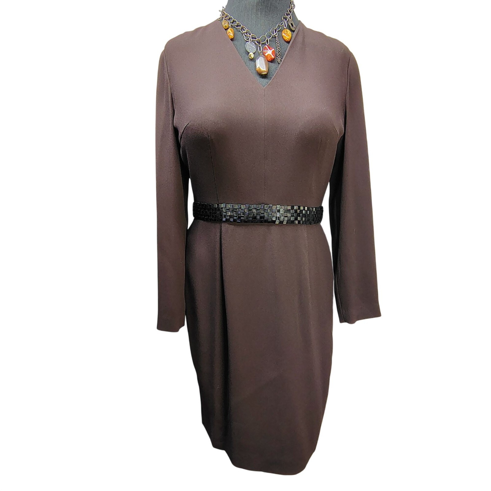 Linda Allard Ellen Tracy Vintage Brown V-Neck Dress Long Sleeve Beaded Size 8