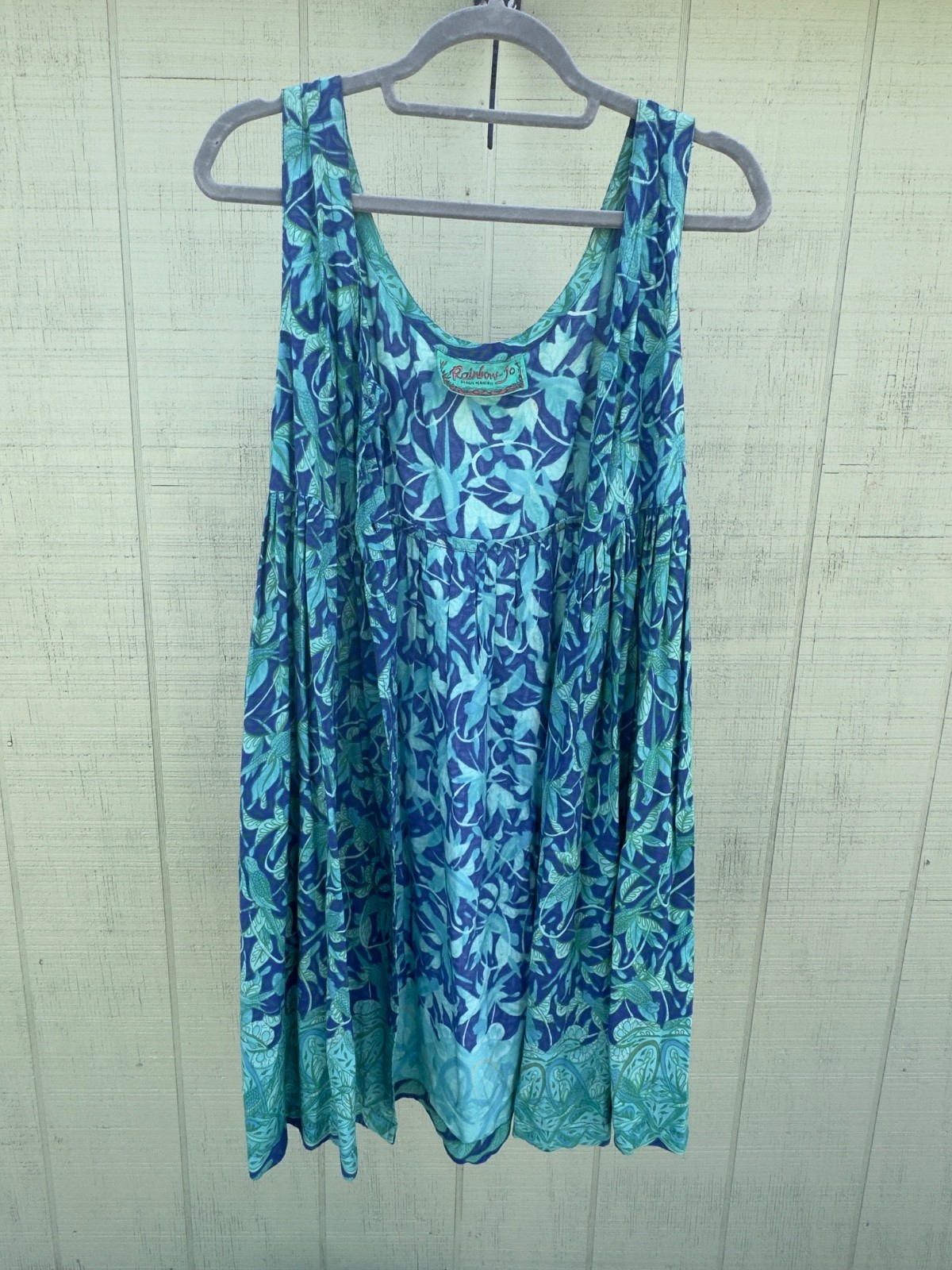 Rainbow Jo Blue Green Turtle Print Button Down Pleated Dress Size XS 17″x36″