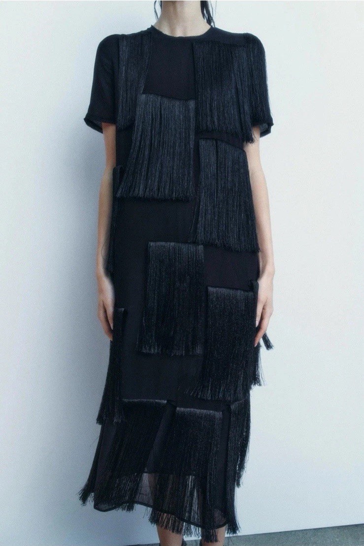 Zara Women ZW Collection Fringed Midi Dress Black Size S