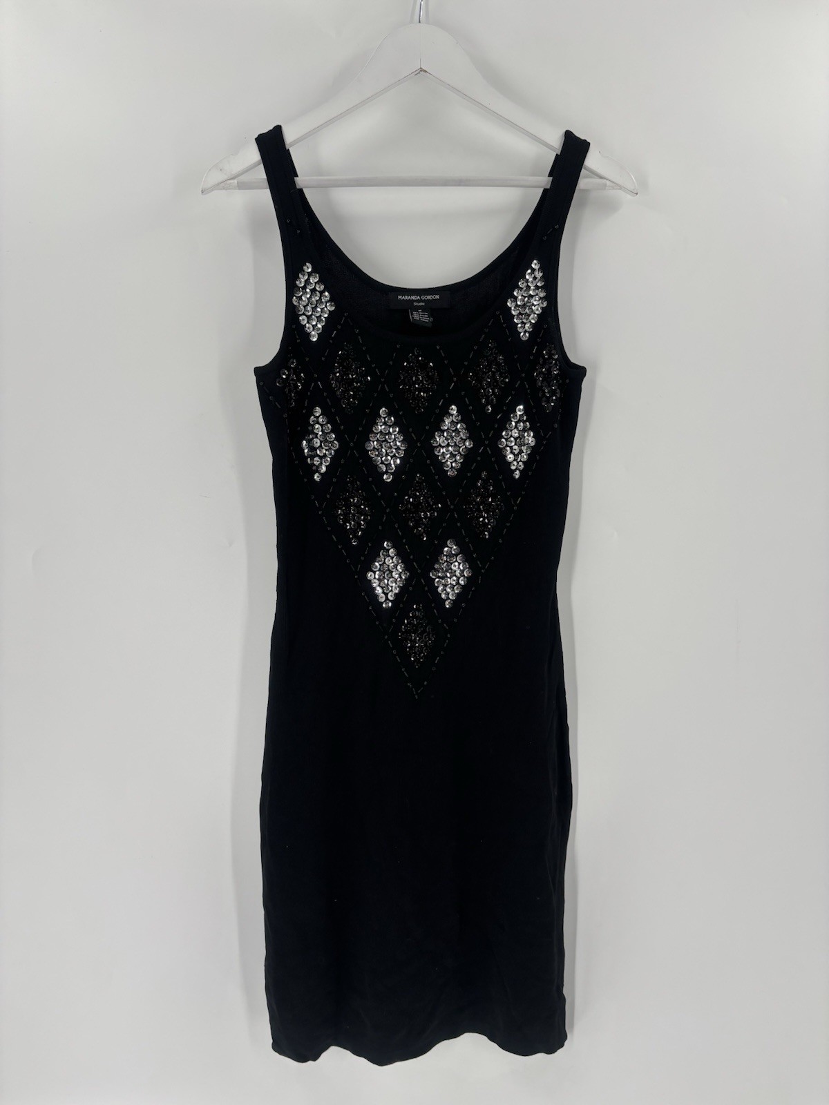 Maranda Gordon Dress Womens Medium Black Sleeveless Beaded Sequins Sheath Scoop