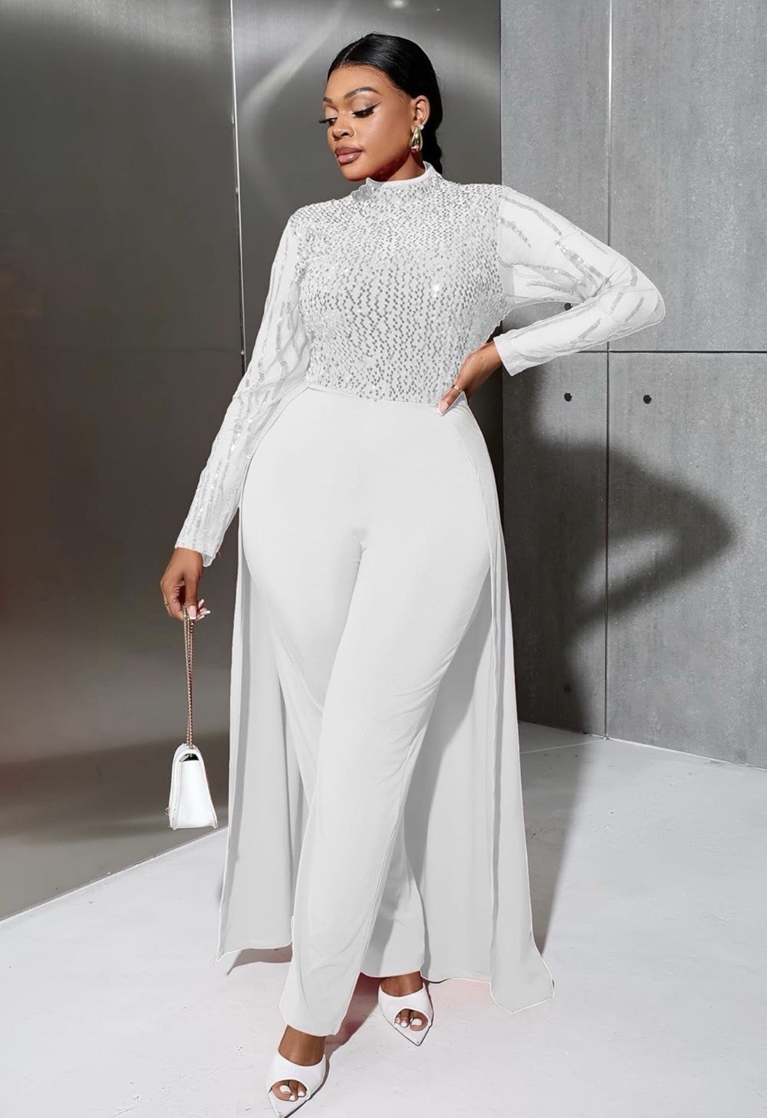 VERWIN White Sequins Jumpsuit Dress Overlay Elegant Fashion Wedding Sz M New #B