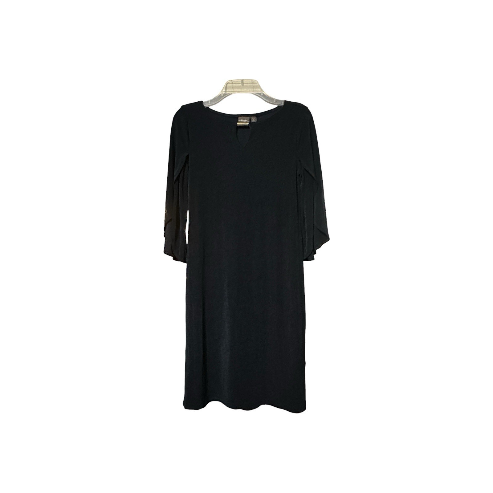 Chicos Travelers Blue Dress Size 0 Open Bell Split Sleeve Keyhole Stretch Knee