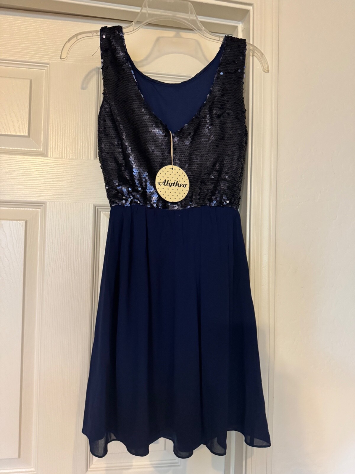 NWT Alythea Sequin Open Back Midnight Sky Mini Dress Blue Size Small