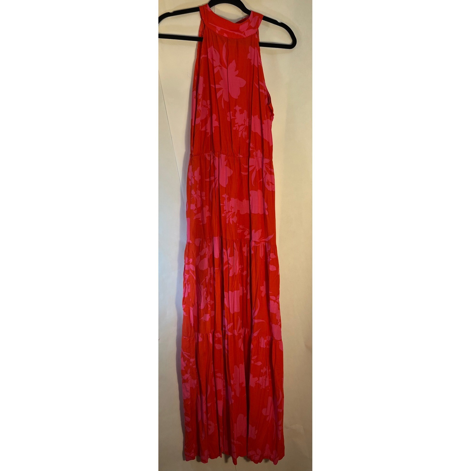 Sleeveless Hot Pink Floral Flowy Maxi Dress 59″ Long Size Large
