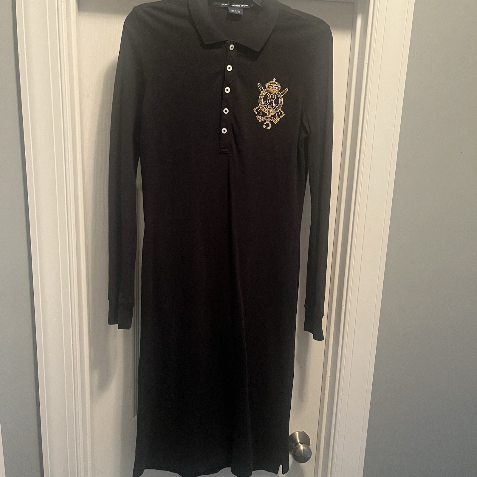 Ralph Lauren Sport Black Long Sleeve Polo Dress Crest Logo Women’s M Preppy