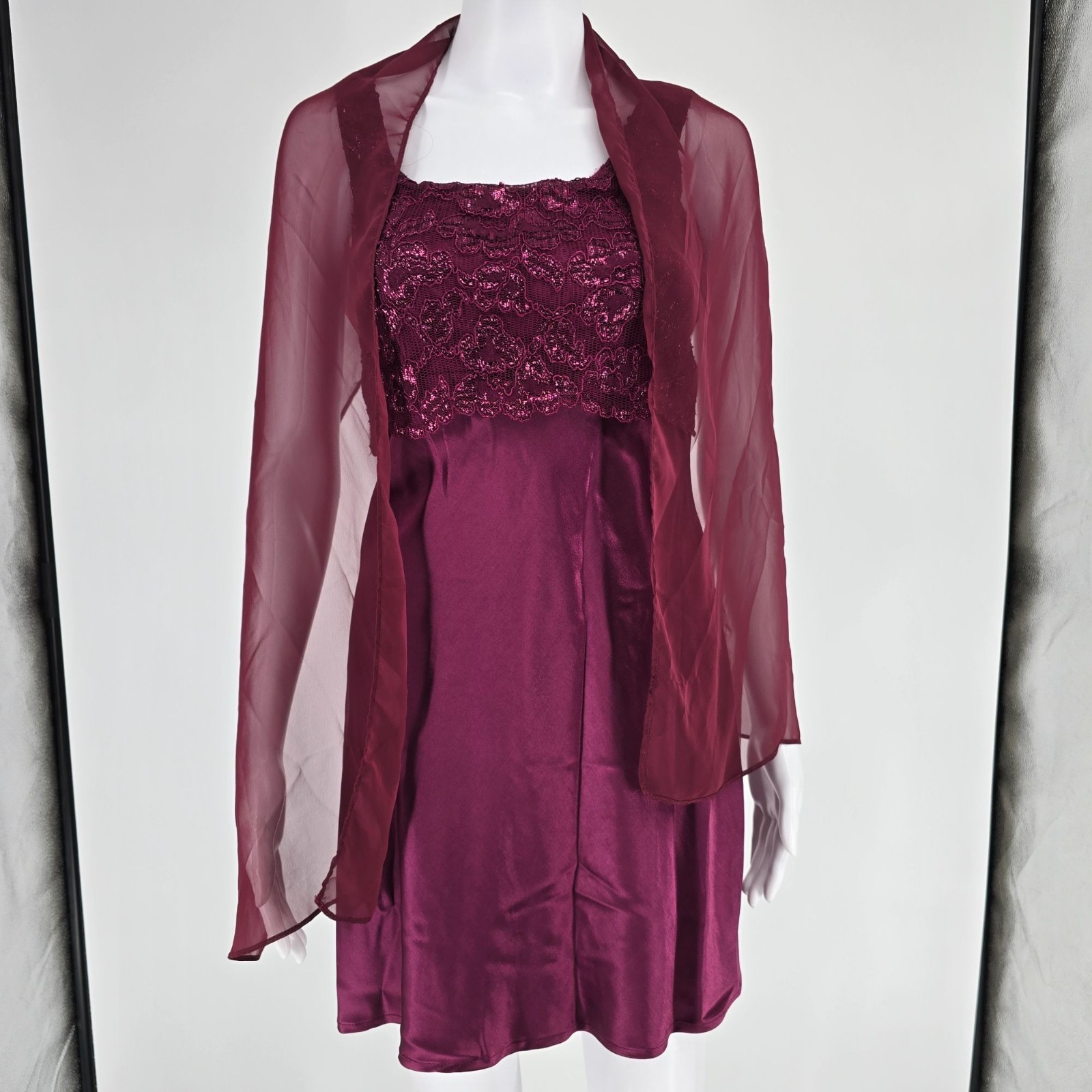 Vintage 1990s/Y2K 5-7-9 Deep Wine Satin Chiffon Wrap Party Dress (Junior’s XS)
