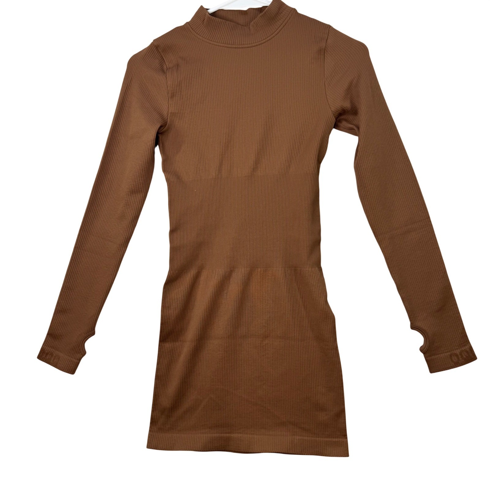 New OQQ Ribbed Long Sleeve Dress Womens Small Brown Thumbhole Bodycon Mini sexy