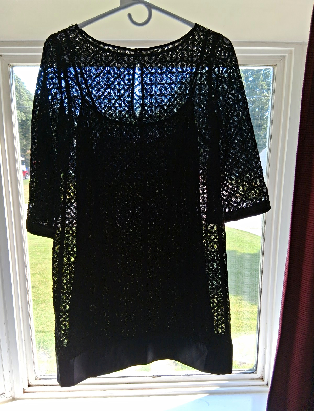 Laundry by Shelli Segal Sz 4 Black Crochet Goth Witch Shift Dress 3/4 Sleeve