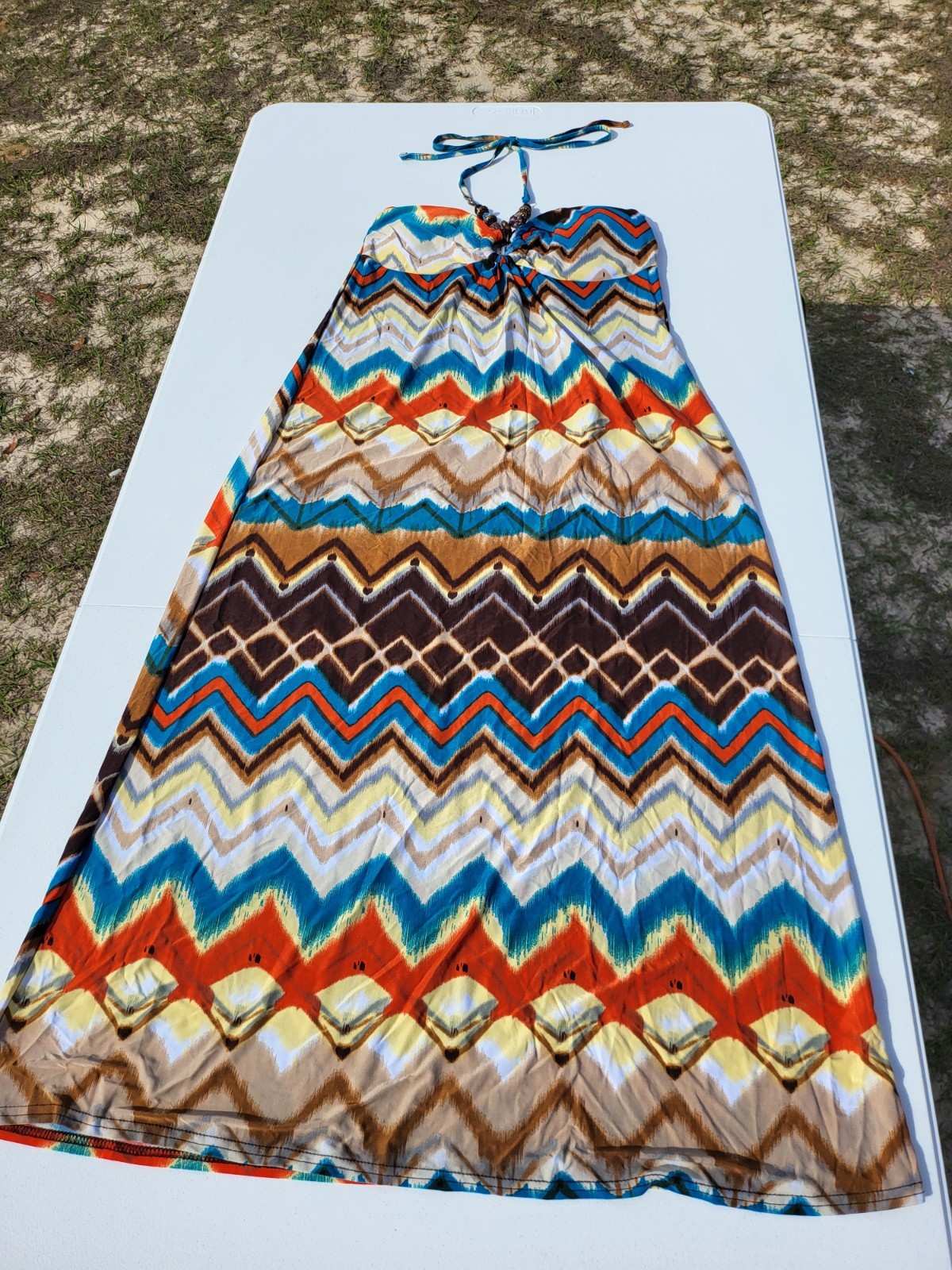 Women’s Christina Love 70’s Inspired Zig-Zag Pattern Halter Maxi Dress Size XL