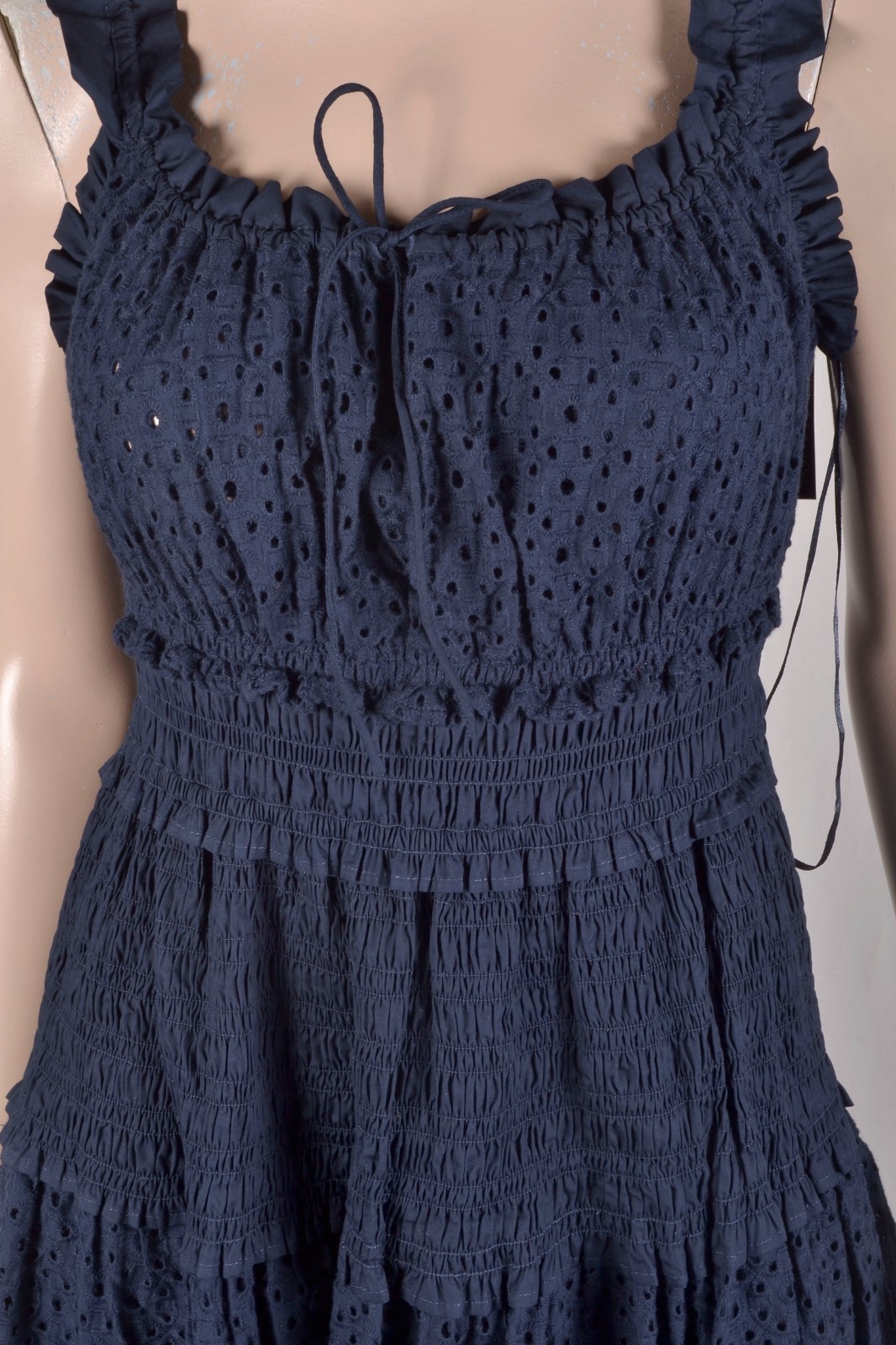 NWT $385 Elie Tahari Eyelet Smocked Midi Dress Navy S