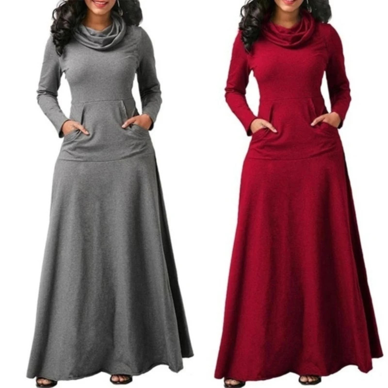 Plus Size 5XL Elegant Long Maxi Dress spring Winter Warm High Collar Women