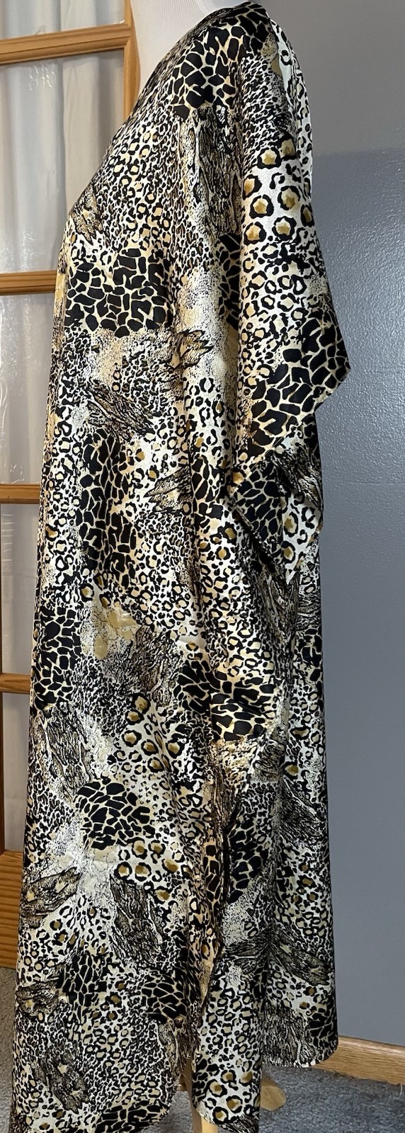 Leopard Print Satin Kaftan Maxi Dress OSFM Beige Black Caftan Boho Safari