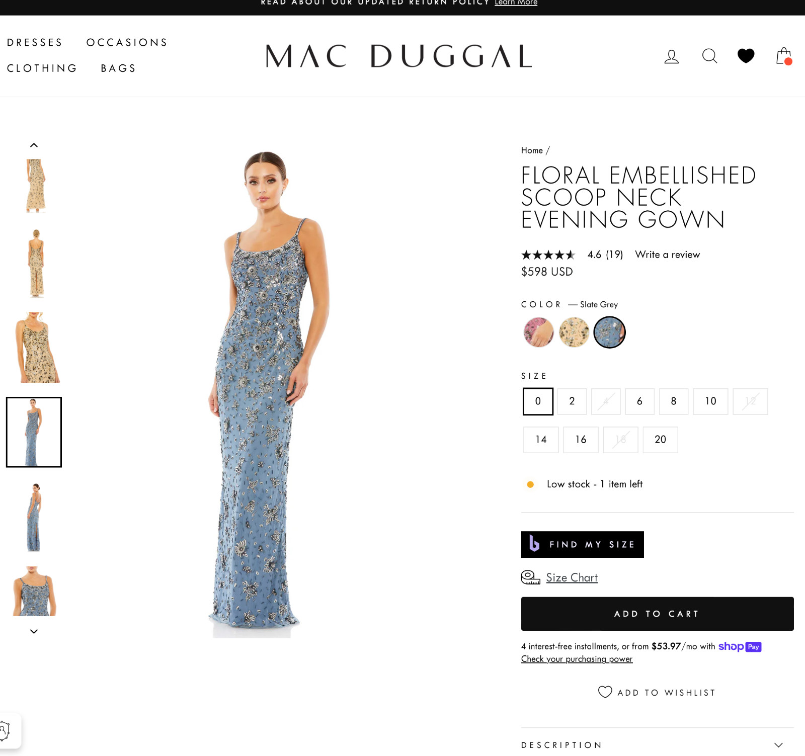 NEW Mac Duggal [ 4 ] 5477 Floral Embellished Scoop Neck Gown in Slate Grey #J278