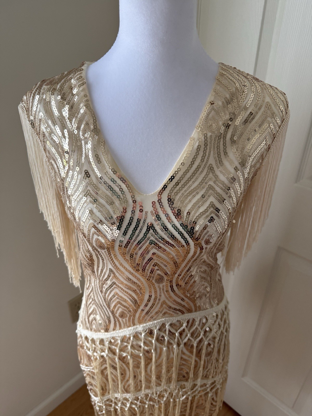 BABEYOND Gold Sequin Fringe Dress Western Boho Festival Gatsby NWT Small