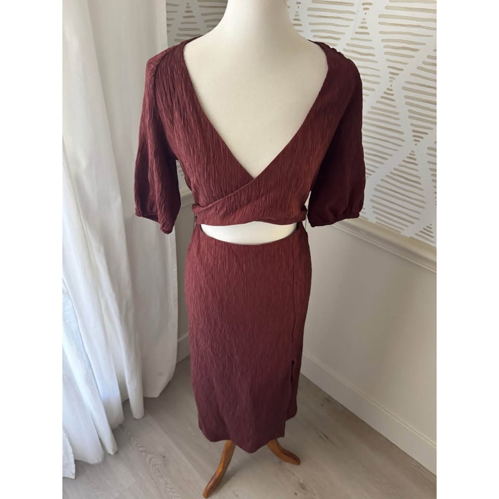 Fore Medium Brown Crinkle Front Tie Cut Out Bodycon Slit Dress NWOT