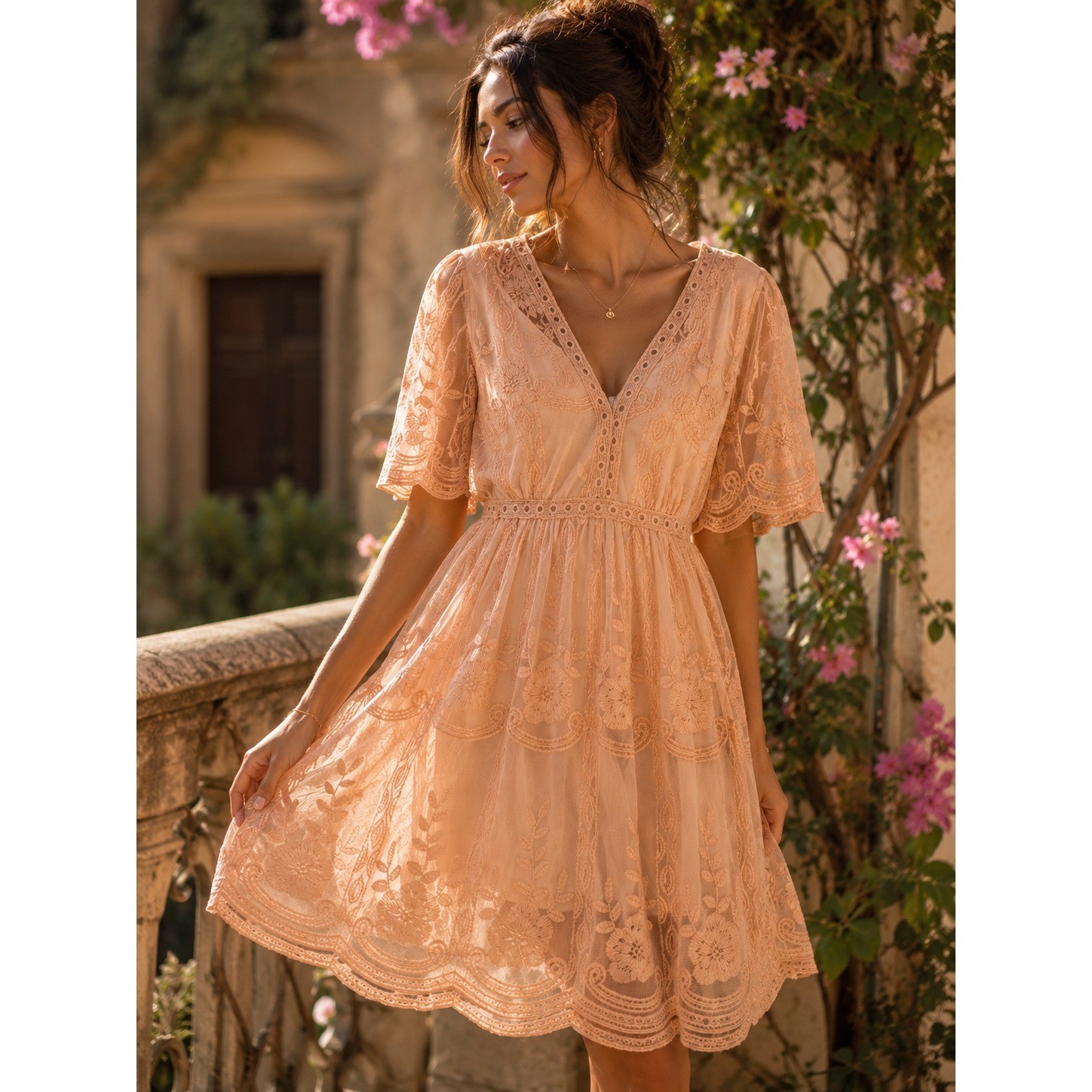 NWT Romantic Peach Embroidered Lace Dress Cottagecore Fairycore Whimsical SZ M