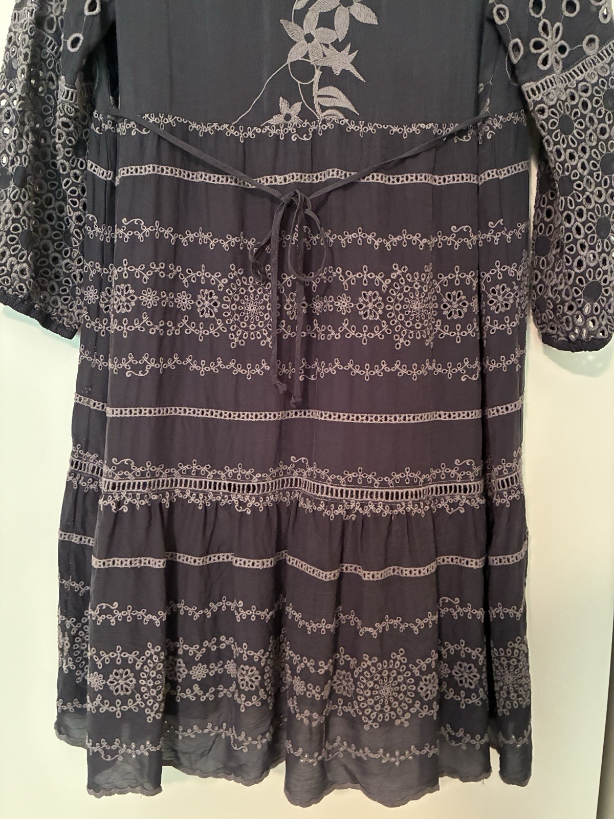 Johnny Was Embroidered Gray Eyelet Mini Dress XS