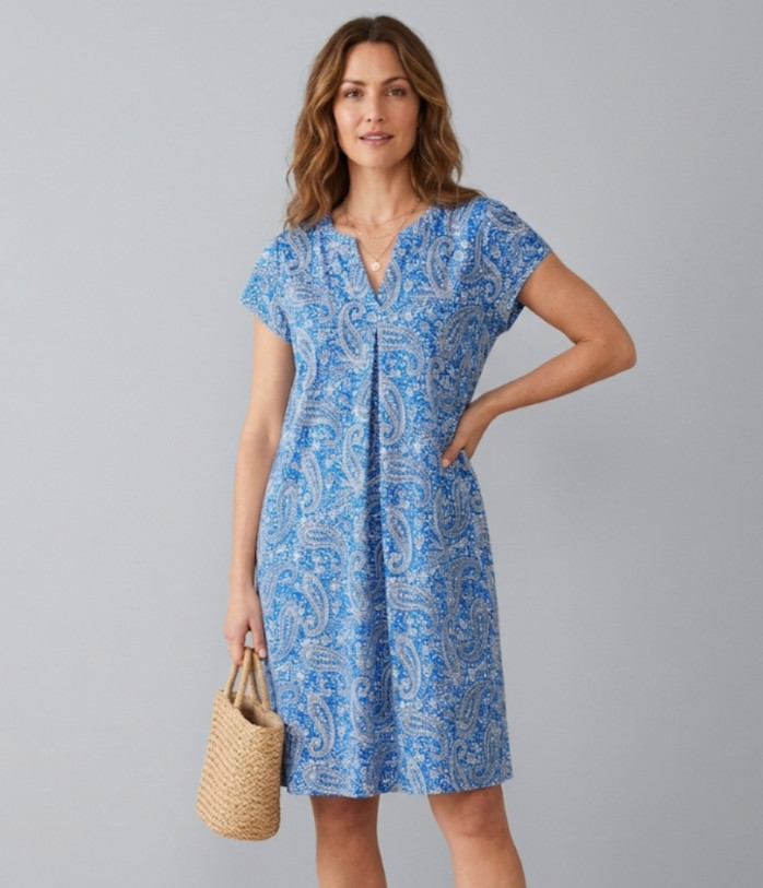 J. Jill Blue Paisley V-Neck Shift Dress Womens L Knee Length Stretch Modal