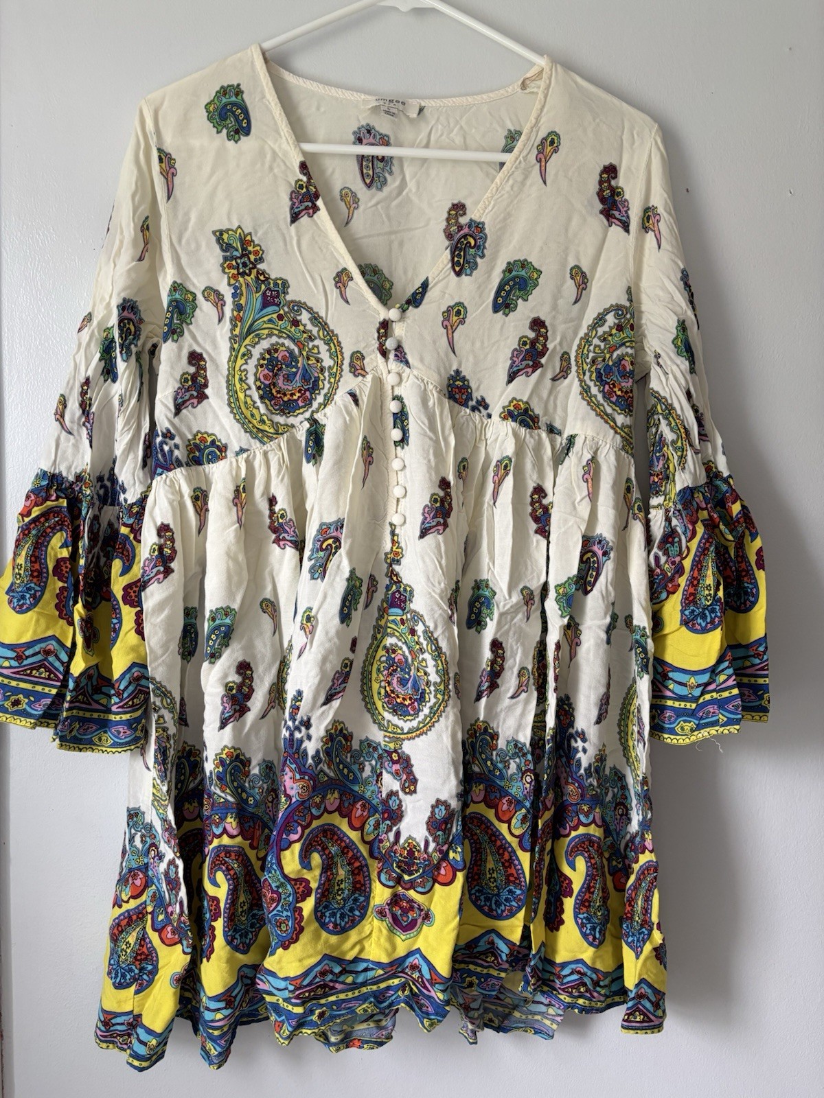 UMGEE Women’s Large Dress Knee Length Bell Sleeve Paisley Empire Waist Boho