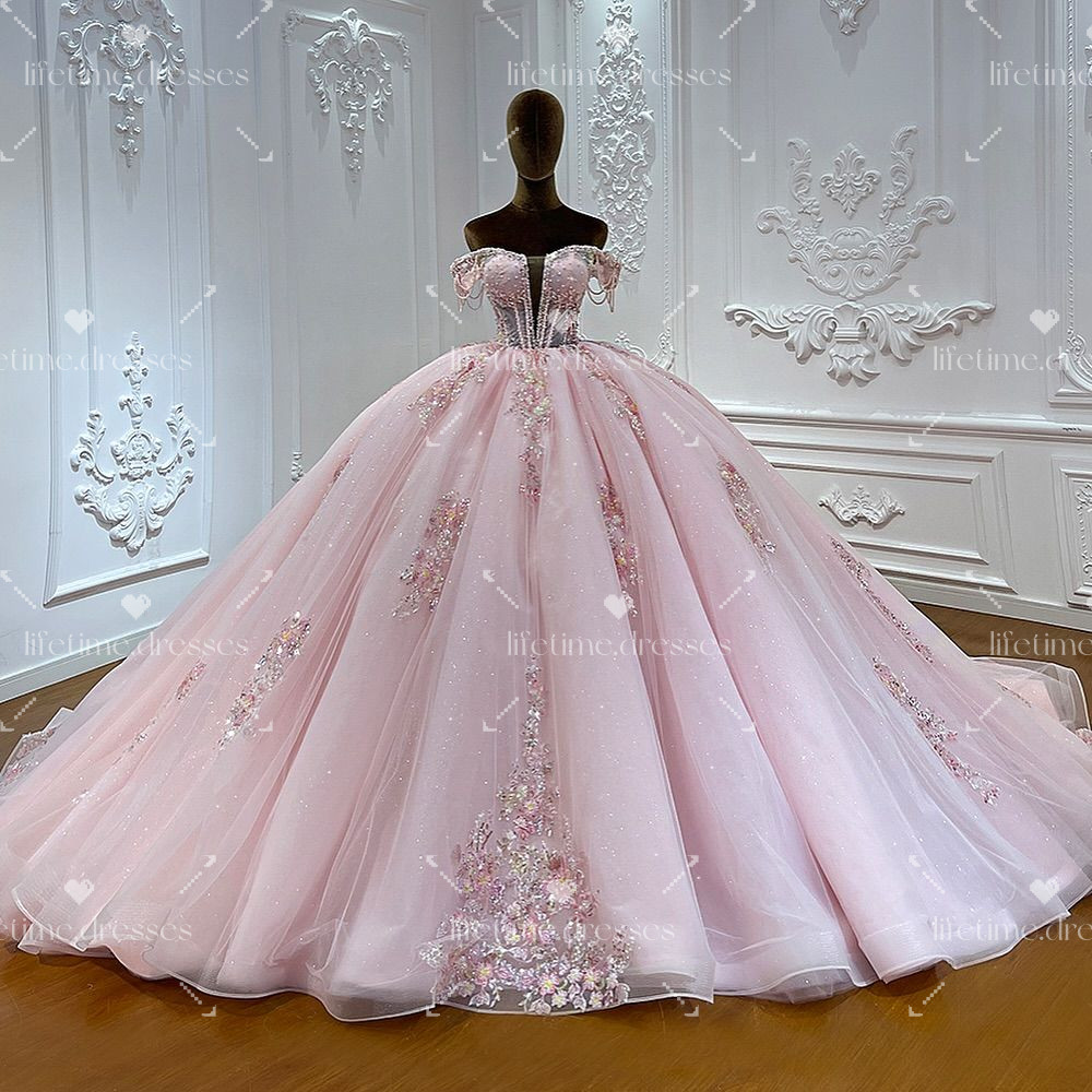 Light Pink Quinceanera Dresses Sweet 15 16 Glitter Flowers Party Ball Gowns