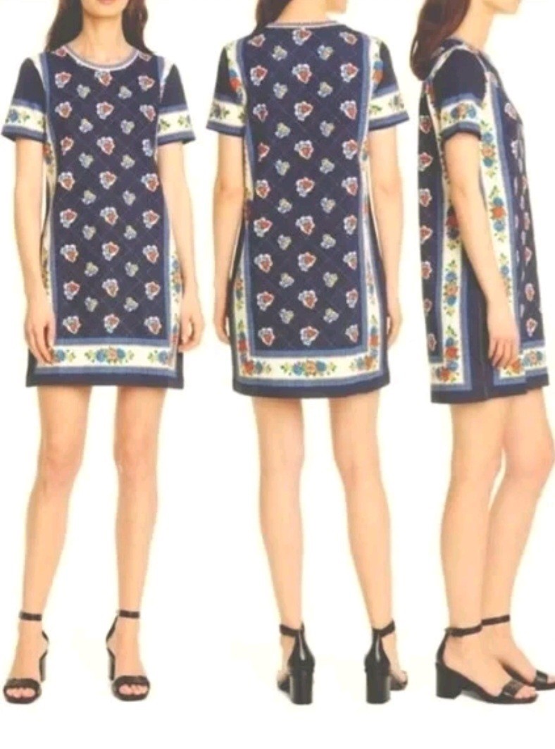 Tory Burch Women Large Navy 100% Pima Cotton Tea Rose Border T-Shirt Shift Dress